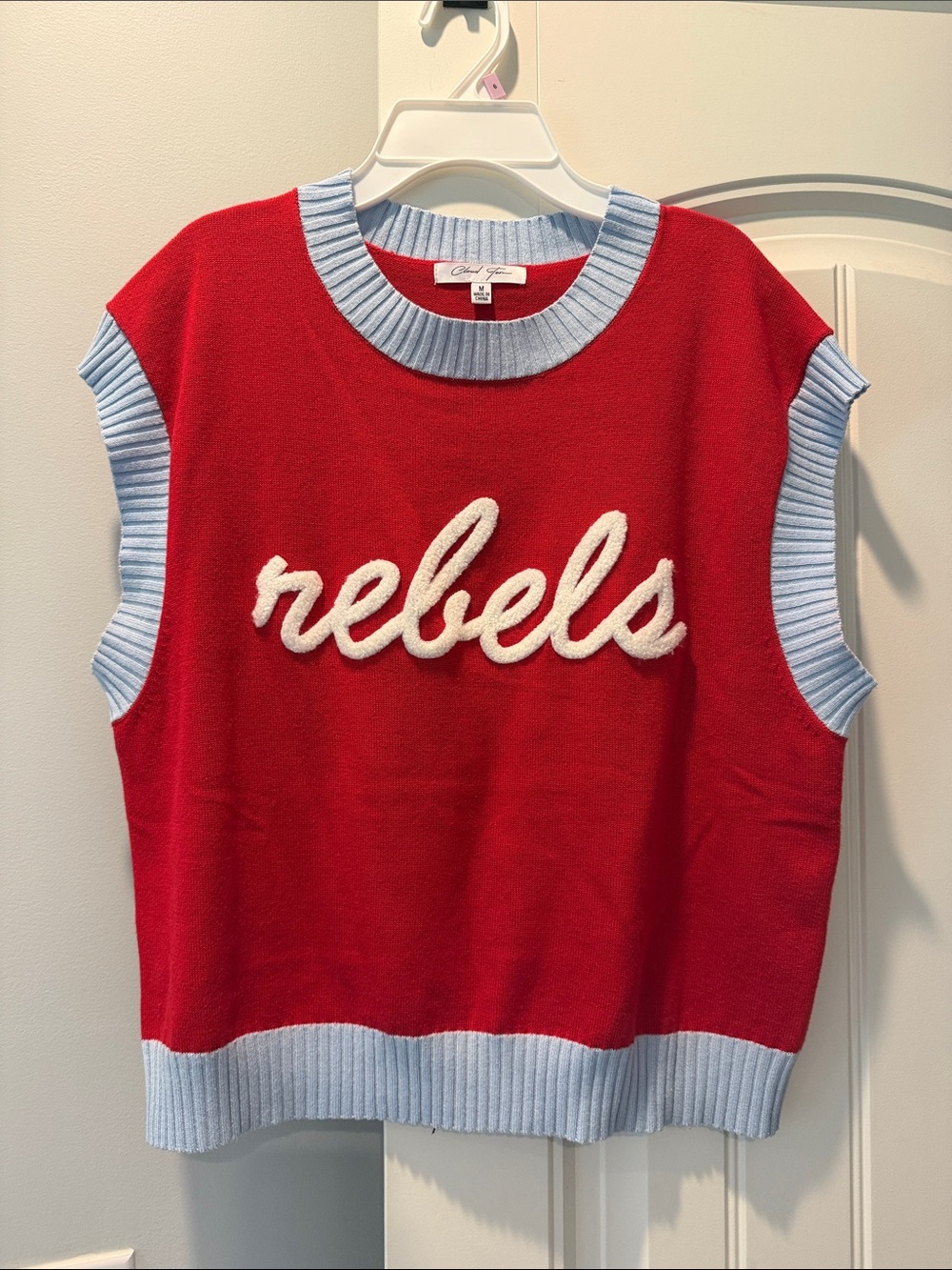 Red Knit Sleeveless Top with Light Blue Trim and 'rebels' Script